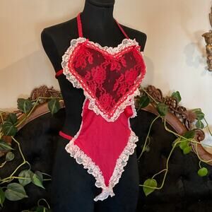 vintage Chorus Ruffle Floral Lace Halter Lingerie Babydoll High Cut One Size Red